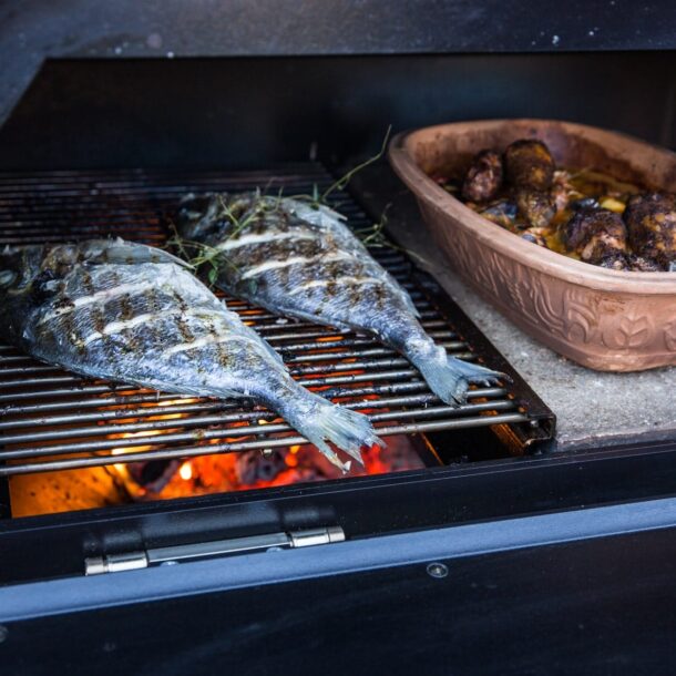 Merklinger Holzbackofen Grill Pizzaofen Brotbackofen mit Fisch auf dem Grillrost